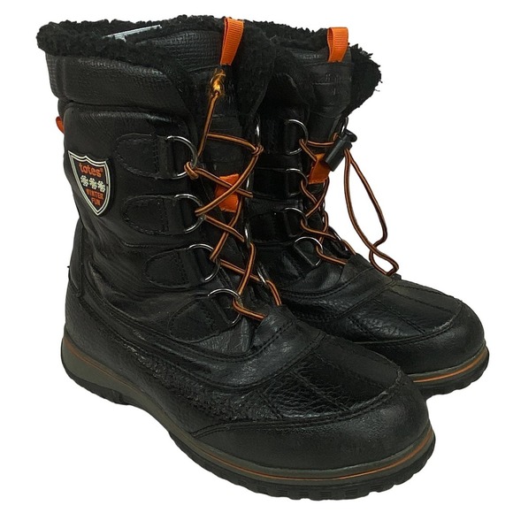 TOTES Kid SZ 4 Winter Boot Faux Leather Black Snow Drawstring Elastic Insulated - Picture 1 of 6